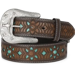 New Western Brown & Turquoise Leather  Floral Engraved Belt In Various Size